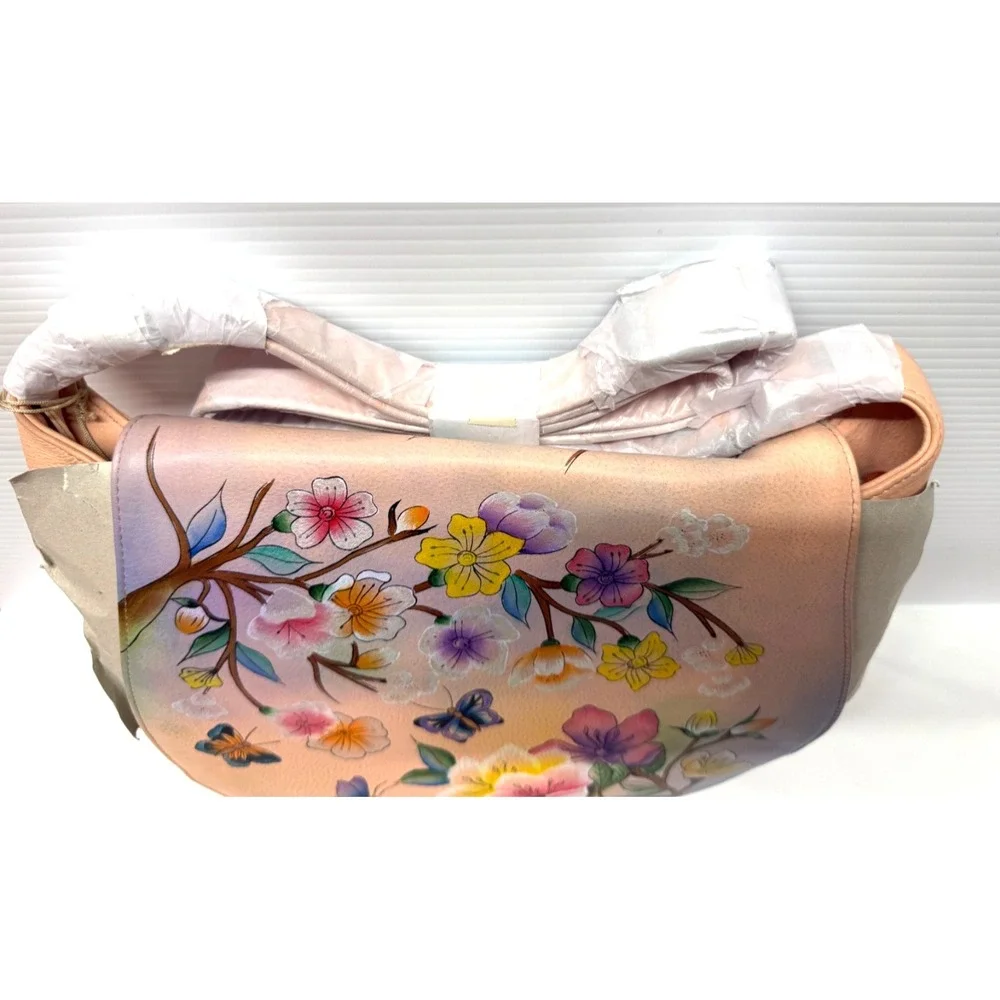Anuschka Hand-Painted Leather FLAP PURSE SADDLE BAG JAPANESE GARDEN W/ POUCHES